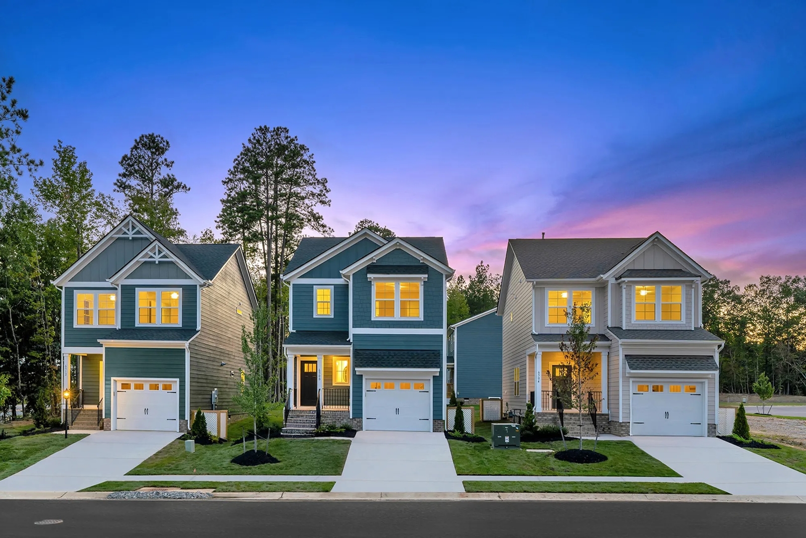 Cottages at Millwood street view at twilight